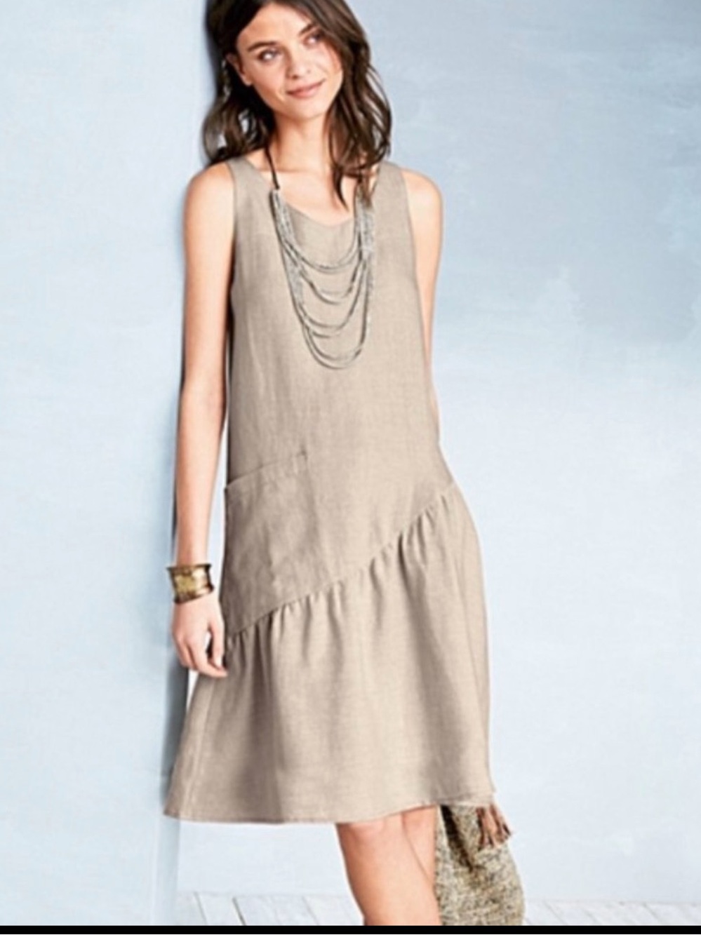 Garnet Hill European Flax Linen Drop Waist Dress Ruffle Hem Pocket Size 8